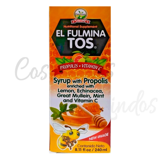 Jarabe para la tos  FULMINA TOS con Propóleo enriquecido con Limón, Equinácea Gordolobo, Menta y Vitamina C  240ML
FULMINA TOS cough syrup with Propolis enriched with Lemon, Echinacea Mullein, Mint and Vitamin C 240ML