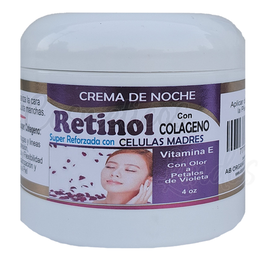 Crema Retinol Super Reforzada con Células Madres y Vitamina E  4 Oz
Con Olor a Pétalos de Violeta
Humecta, Suaviza la Cara
Rejuvenece y Quita Manchas
Crema de Noche, retinol