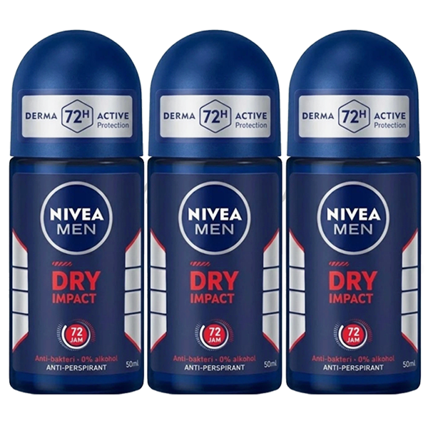 3Pcs Nivea Men Dry Impact Roll-On Deodorant Anti-Perspirant 50ml 72h Dual Protect