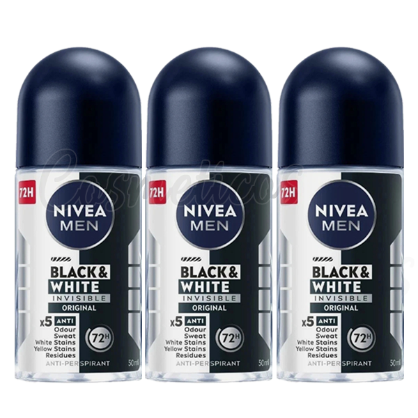 3Pcs Nivea Men Black & White Invisible Deodorant Anti-Transpirant ROLL-ON, 50 ML