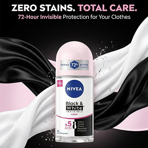3 PcsNivea Black White Invisible Clear Roll On Deodorant 72h Anti Stain 50ml 