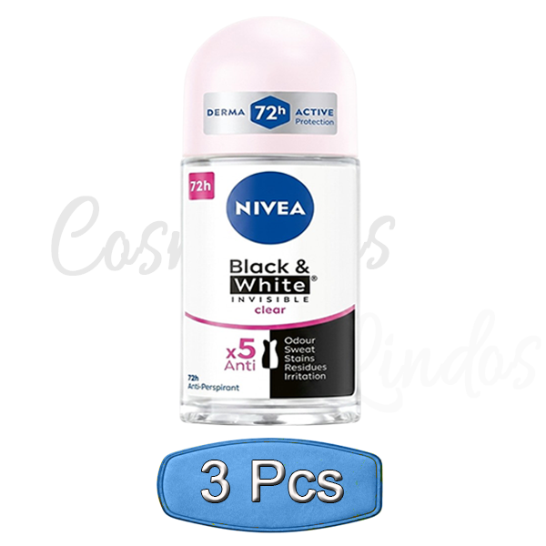 3 PcsNivea Black White Invisible Clear Roll On Deodorant 72h Anti Stain 50ml 
