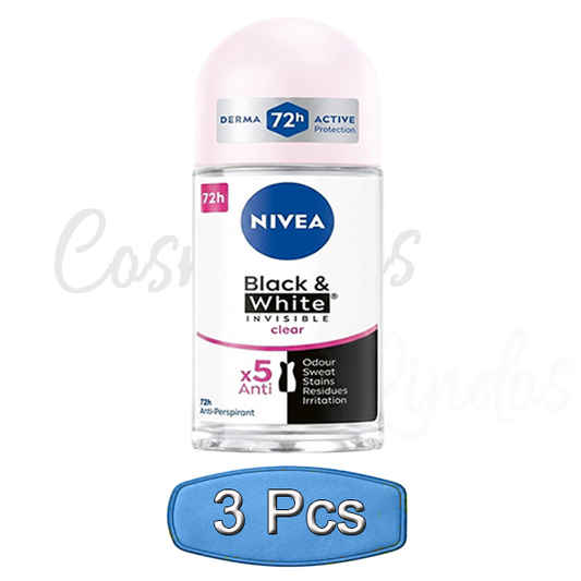 3 PcsNivea Black White Invisible Clear Roll On Deodorant 72h Anti Stain 50ml 