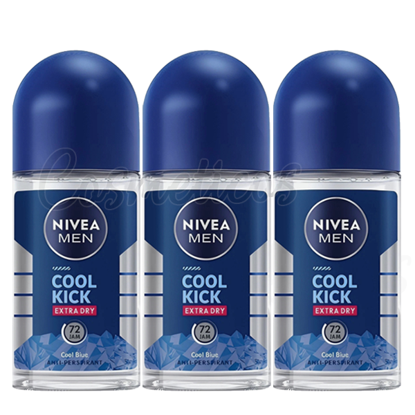 3Pcs Nivea for Men Cool Kick Anti-Transpirant Deodorant ROLL-ON, 50 ML