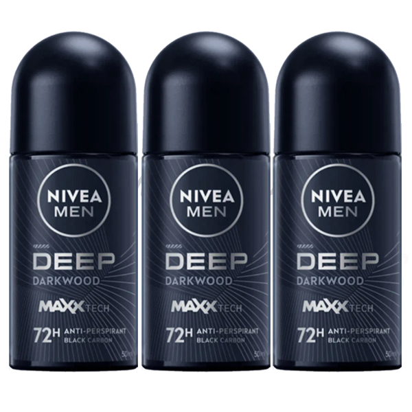3Pcs Nivea Men Deep Darkwood Roll On Anti-Perspirant 72Hr  50ml