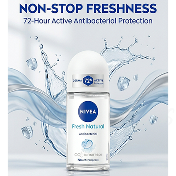3 Pcs Nivea Fresh Natural Roll On Deodorant 72h Derma Active Antibacterial 50ml