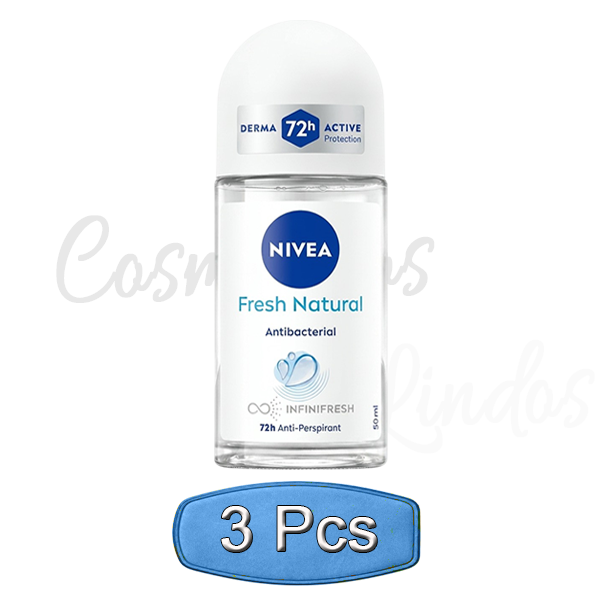 3 Pcs Nivea Fresh Natural Roll On Deodorant 72h Derma Active Antibacterial 50ml