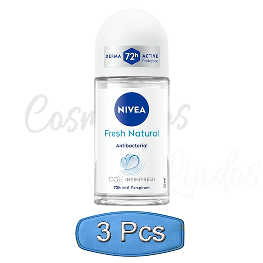 3 Pcs Nivea Fresh Natural Roll On Deodorant 72h Derma Active Antibacterial 50ml