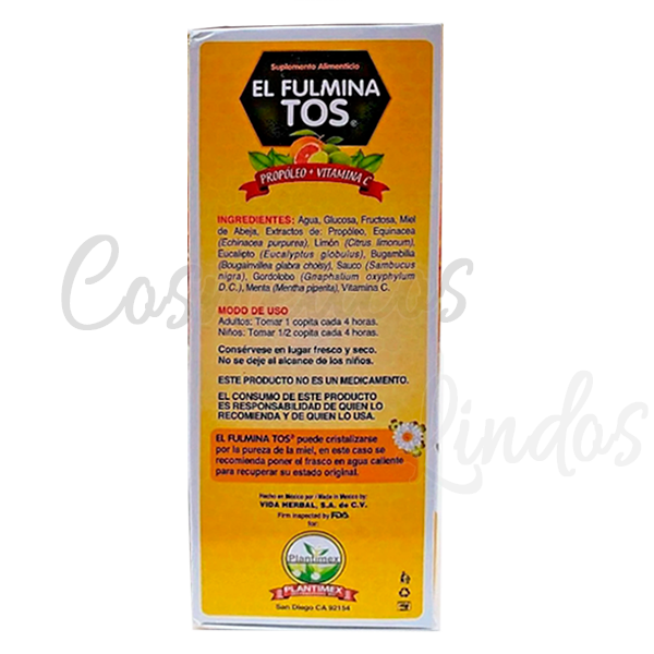 Jarabe para la tos&nbsp;&nbsp;FULMINA TOS&nbsp;con Propóleo enriquecido con Limón, Equinácea Gordolobo, Menta y Vitamina C&nbsp; 240ML


FULMINA TOS cough syrup with Propolis enriched with Lemon, Echinacea Mullein, Mint and Vitamin C 240ML