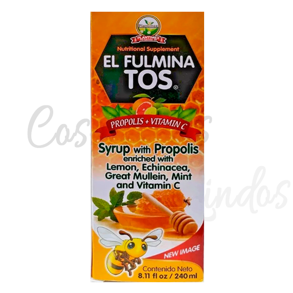 Jarabe para la tos&nbsp;&nbsp;FULMINA TOS&nbsp;con Propóleo enriquecido con Limón, Equinácea Gordolobo, Menta y Vitamina C&nbsp; 240ML


FULMINA TOS cough syrup with Propolis enriched with Lemon, Echinacea Mullein, Mint and Vitamin C 240ML