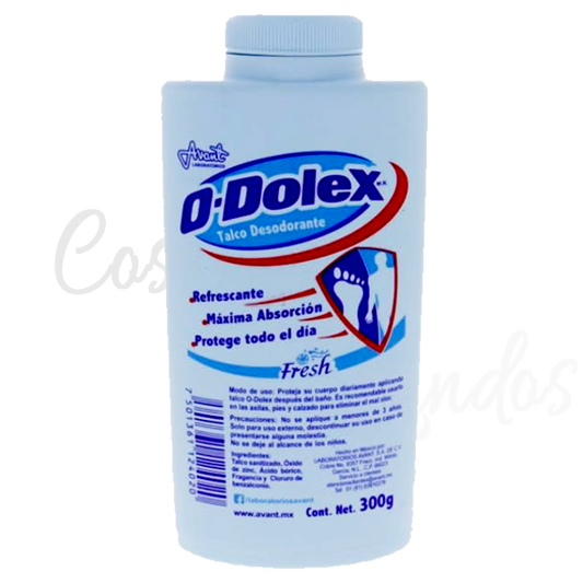 O-Dolex Talco Desodorante 300 g
Refrescante
Máxima Absorción
Protege todo el dia