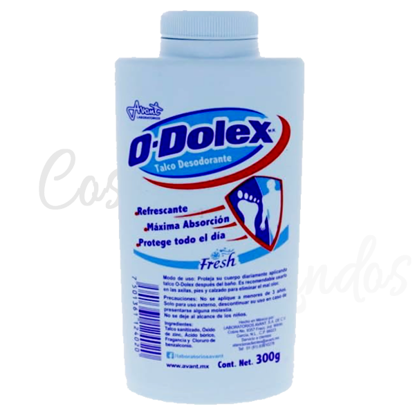 O-Dolex Talco Desodorante 300 g

Refrescante
Máxima Absorción
Protege todo el dia