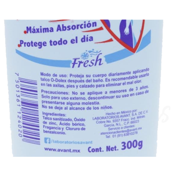 O-Dolex Talco Desodorante 300 g

Refrescante
Máxima Absorción
Protege todo el dia