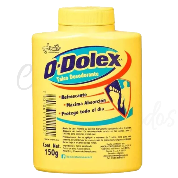 O-Dolex Talco Desodorante 150 g

Refrescante
Máxima Absorción
Protege todo el dia