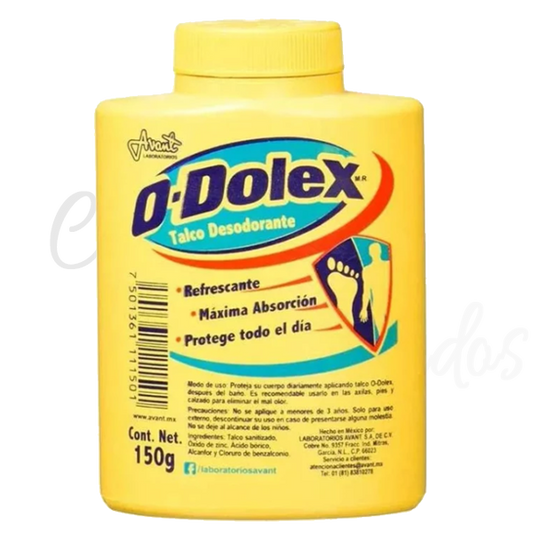 O-Dolex Talco Desodorante 150 g

Refrescante
Máxima Absorción
Protege todo el dia