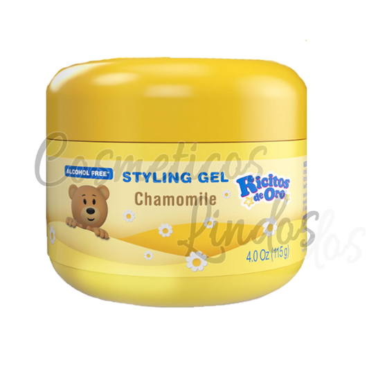 Ricitos de Oro Styling Gel  de Manzanilla  4.0 Oz
Manzanilla Ricitos de Oro Hair Gel es un producto ideal para el cabello del bebé debido a su fórmula enriquecida con Manzanilla que ayuda a nutrir y fortalecer el cabello, dejándolo brillante y suave.
Este paquete incluye un Producto Capilar de 4.0 Oz de Ricitos de Oro con una fórmula enriquecida de Extracto de Manzanilla.
Este Aclarante de Ricitos de Oro es sin alcohol para no resecar el cabello, no graso y no pegajoso, con una fórmula suave para uso diario